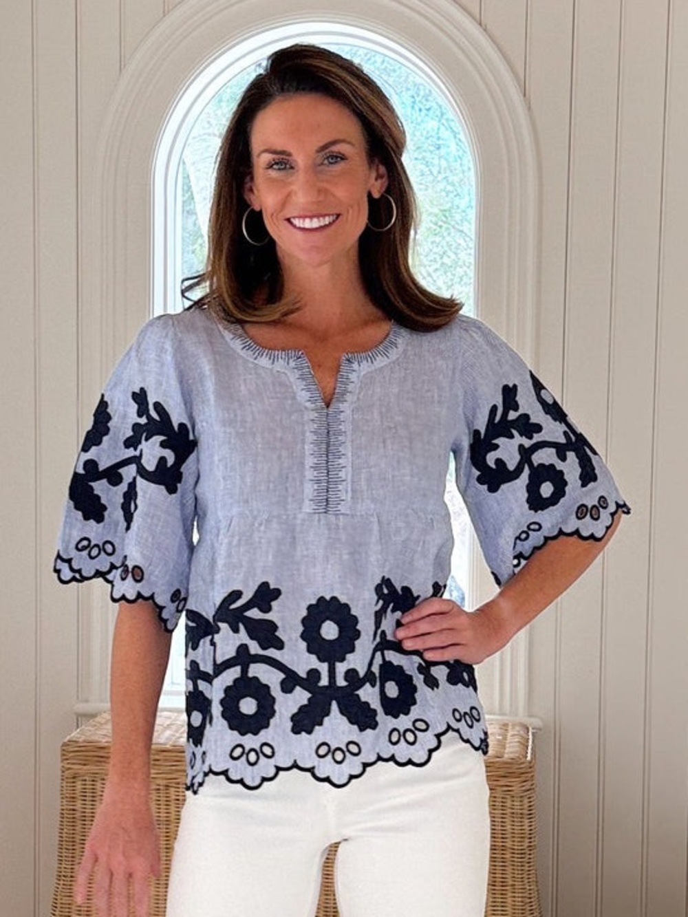 Charleston Shoe Company Embroidered Linen-Blend Peasant Top - metallic